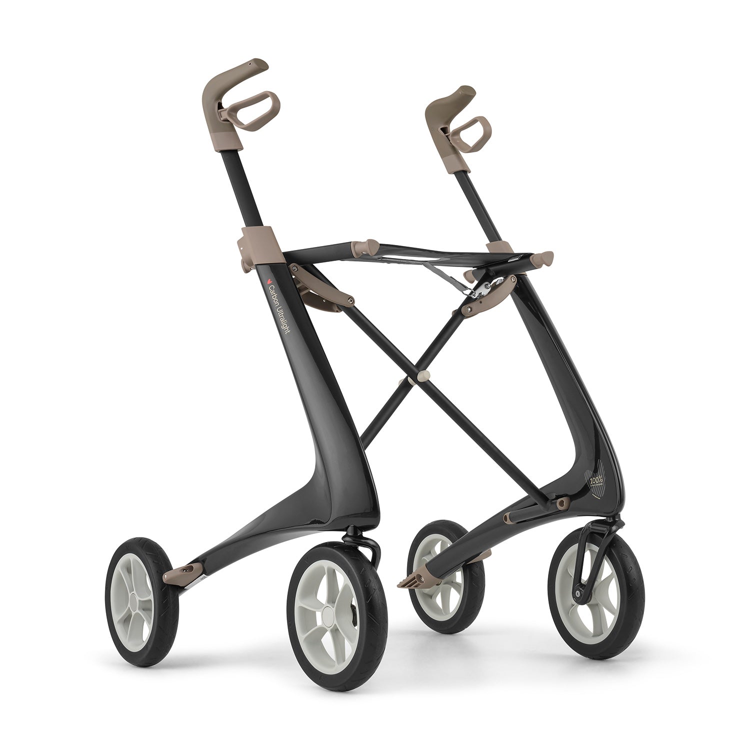 The byACRE Carbon Ultralight Rollator is a modern mobility aid featuring four large wheels, ergonomic handles, and a sleek black and tan minimalist frame for effortless movement.