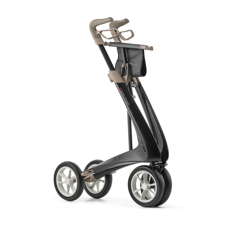 Black Carbon Ultralight rollator with beige accents on a white background