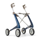 The byACRE Carbon Ultralight Rollator is a modern blue and gray mobility aid with ergonomic handles and a lightweight, streamlined carbon fiber frame for comfortable support.