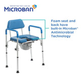 The Journey SoftSecure 3-in-1 Commode Chair features a blue and silver design with foam seat and back, plus built-in Microban antimicrobial protection. Text and labels showcase its versatile use and antimicrobial technology.