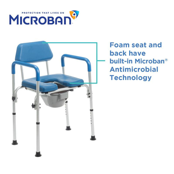 The Journey SoftSecure 3-in-1 Commode Chair features a blue and silver design with foam seat and back, plus built-in Microban antimicrobial protection. Text and labels showcase its versatile use and antimicrobial technology.