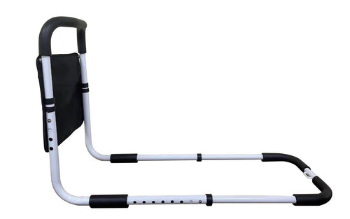 The Journey Deluxe Bedside Assist Rail - Standard Handle features a padded handle, sturdy steel construction, and a black-and-white frame with support bar for safe bed entry and exit. The product is pictured against a plain white background.