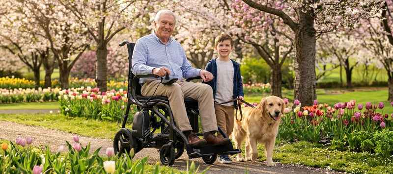 Man in a Journey Air Elite Max enjoying the spring weather with his grandson and his dog.