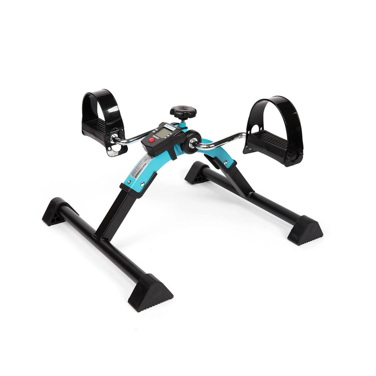 The Journey Exercise Peddler is a portable pedal exerciser with black pedals and straps, a blue and black frame, and an adjustable tension knob for low-impact arm or leg workouts on a tabletop or floor.
