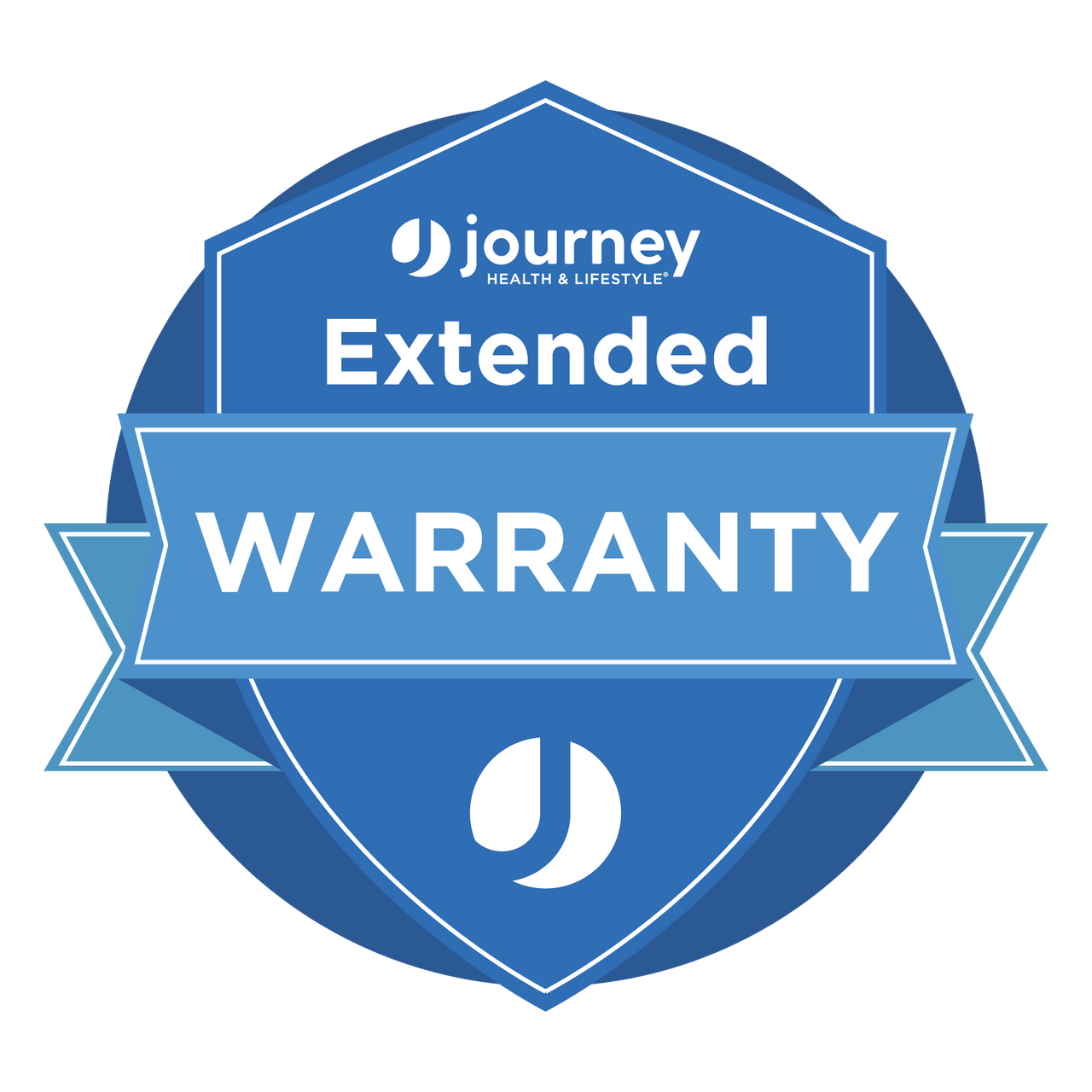 A blue shield-shaped badge displays Extended Warranty – Keep Your Product Protected in white, with a ribbon banner and Journey logos—perfect for safeguarding your mobility equipment or Journey scooter.