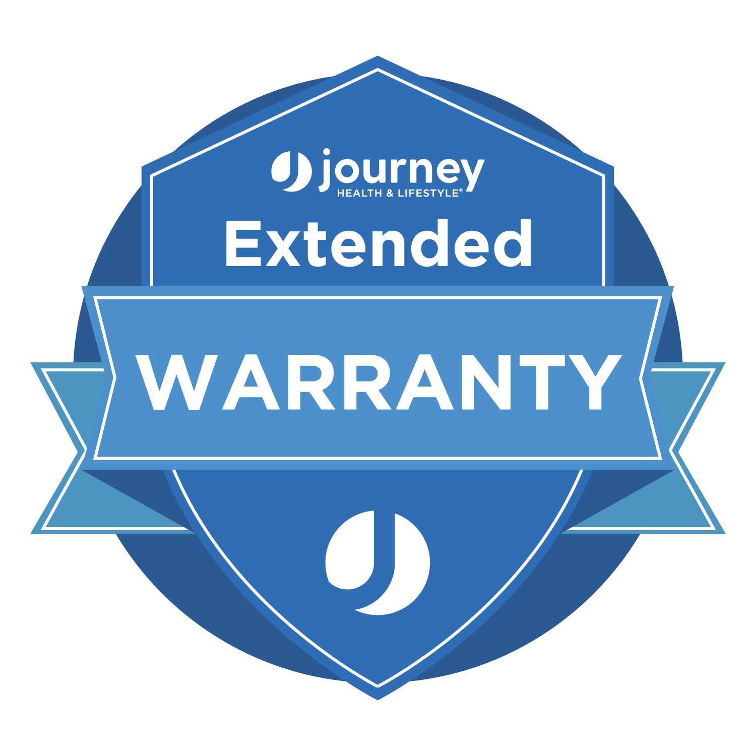 A blue shield-shaped badge displays Extended Warranty – Keep Your Product Protected in white, with a ribbon banner and Journey logos—perfect for safeguarding your mobility equipment or Journey scooter.