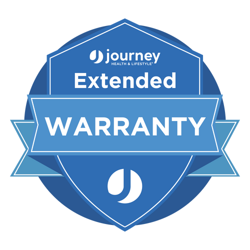 A blue shield-shaped badge displays Extended Warranty – Keep Your Product Protected in white, with a ribbon banner and Journey logos—perfect for safeguarding your mobility equipment or Journey scooter.