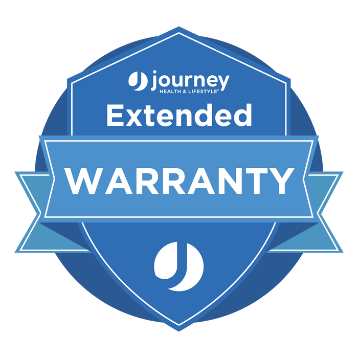 A blue shield-shaped badge displays Extended Warranty – Keep Your Product Protected in white, with a ribbon banner and Journey logos—perfect for safeguarding your mobility equipment or Journey scooter.