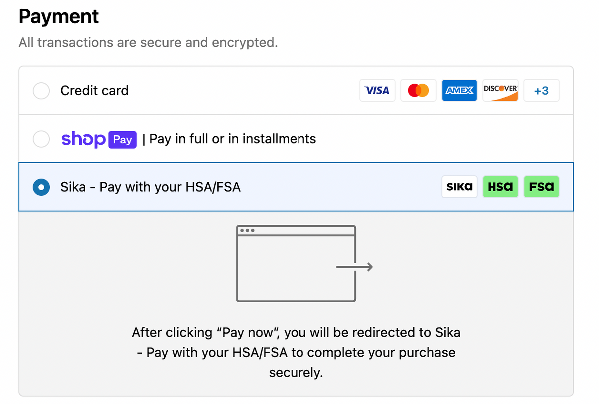 Payment interface screenshot showing options for Credit card, shop Pay, and Sika - Pay with your HSA/FSA, with Sika selected. Payment details include VISA, Mastercard, Amex, and Discover logos.