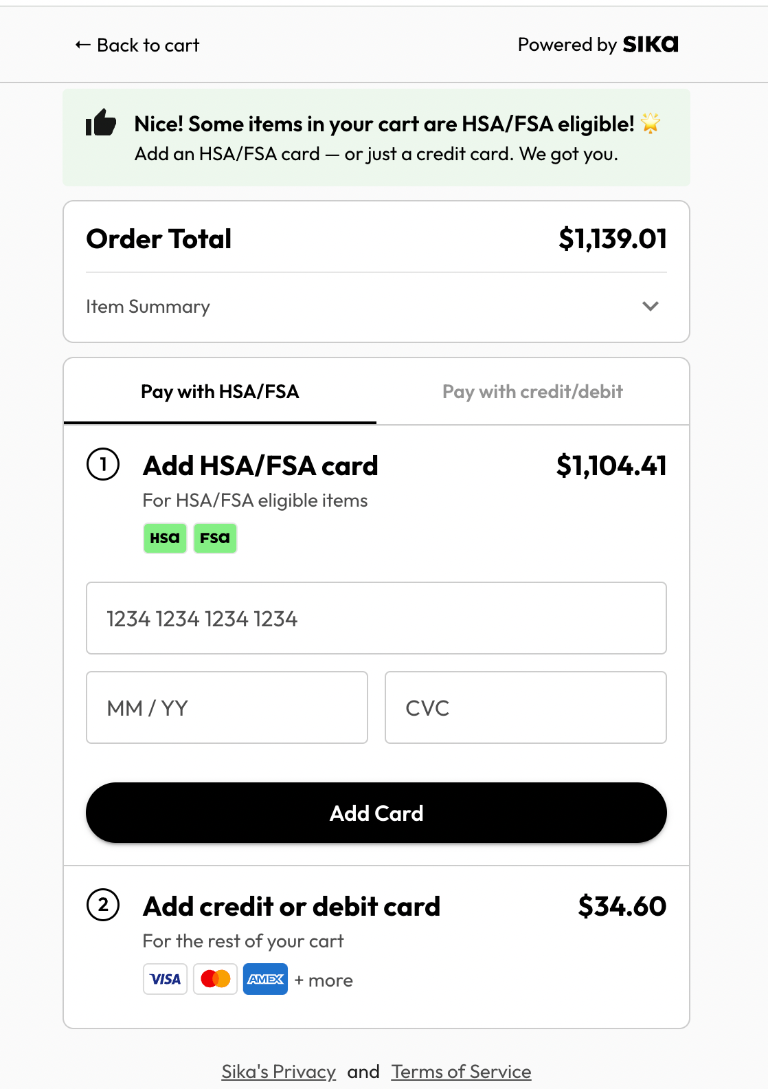 A screenshot of a Shopify checkout interface showing an order summary and payment options, with a prominent green notice about HSA/FSA eligibility and an 'Add HSA/FSA card' section. The text 'Powered by SIKO' appears at the top.