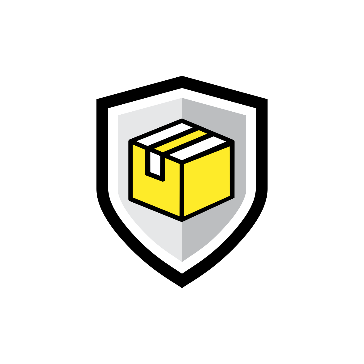 A yellow package box icon is centered within a black and gray shield outline, symbolizing secure delivery with Norton Shopping Guarantee with Package Protection. The background is light gray.