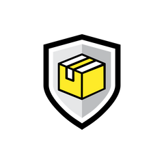 A yellow package box icon is centered within a black and gray shield outline, symbolizing secure delivery with Norton Shopping Guarantee with Package Protection. The background is light gray.