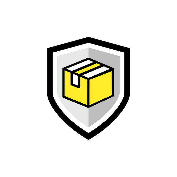 A yellow package box icon is centered within a black and gray shield outline, symbolizing secure delivery with Norton Shopping Guarantee with Package Protection. The background is light gray.