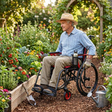 An older man uses the Journey So Lite® C2 Ultra Lightweight Wheelchair as he tends a vibrant garden, wearing a straw hat and gloves. Gardening tools and a watering can rest nearby amid blooming flowers and vegetables on a sunny day.