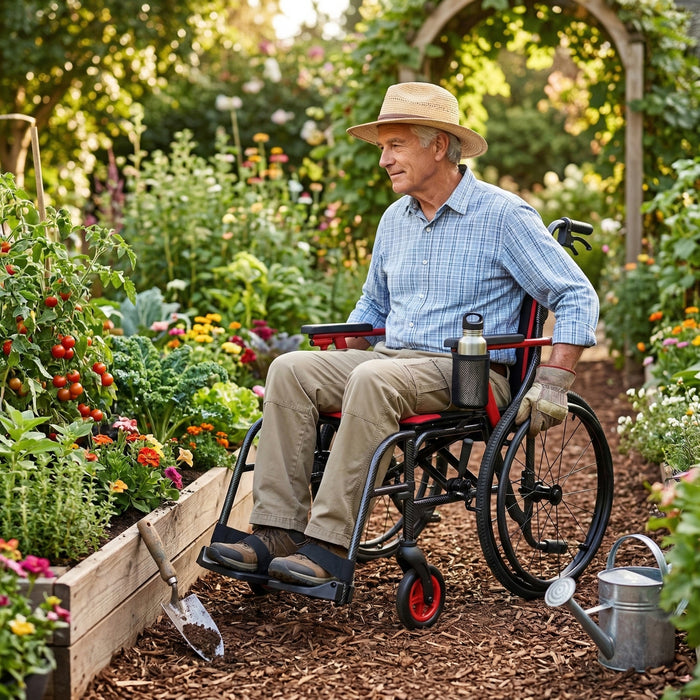 An older man uses the Journey So Lite® C2 Ultra Lightweight Wheelchair as he tends a vibrant garden, wearing a straw hat and gloves. Gardening tools and a watering can rest nearby amid blooming flowers and vegetables on a sunny day.