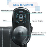 Close-up of the Journey Air 2026 electric power chair joystick controller with one-finger control, power buttons, and speed settings for precise mobility handling.
