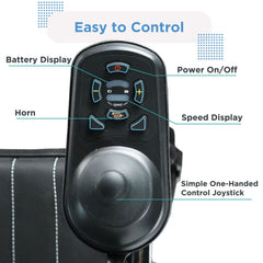 Close-up of the Journey Air 2026 electric power chair joystick controller with one-finger control, power buttons, and speed settings for precise mobility handling.