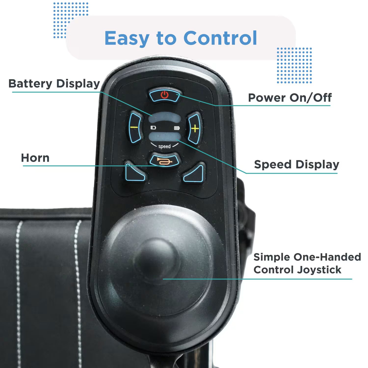 Close-up of the Journey Air 2026 electric power chair joystick controller with one-finger control, power buttons, and speed settings for precise mobility handling.