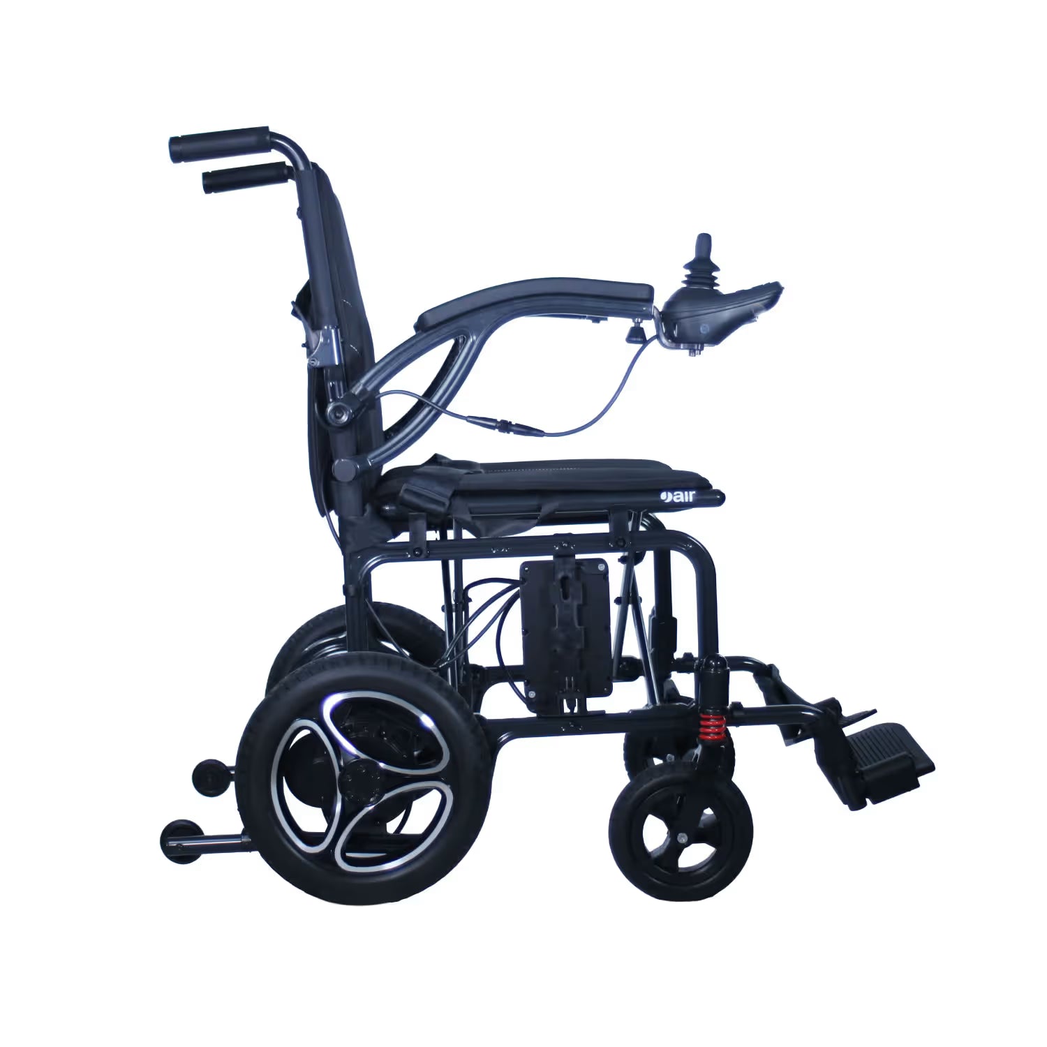 Side view of the Journey Air 2026 portable folding electric power chair showing its compact frame, armrests, footrest, and lightweight folding design for travel and storage.