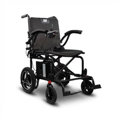 Journey Air 2026 portable folding electric power chair in blue, ultra-lightweight 39 lbs design, shown folded for travel and easy transport with suitcase-style rolling.