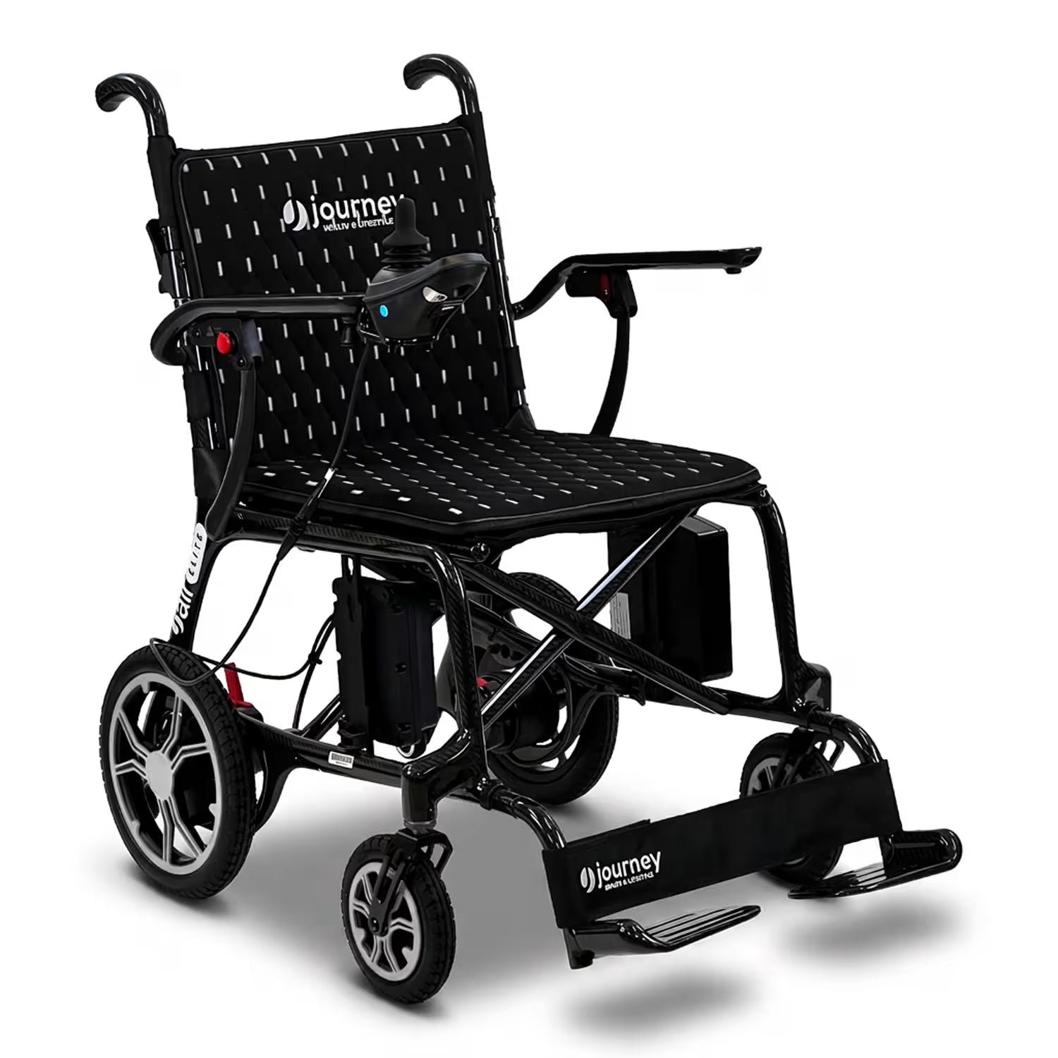 Black electric wheelchair with 'Journey' branding on a white background