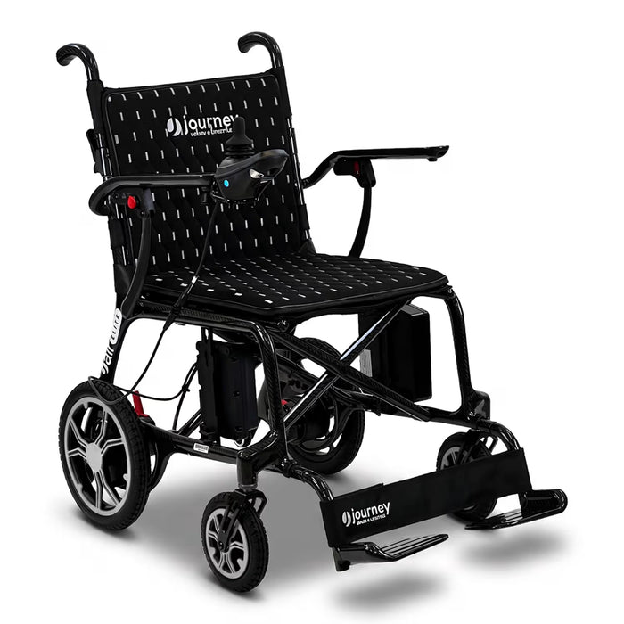 Black electric wheelchair with 'Journey' branding on a white background