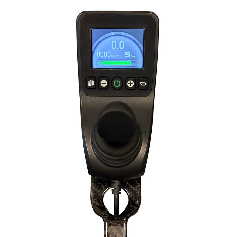 Advanced LED controller on the Journey Air Elite Max power chair displaying speed and mileage with USB charging and voice notification features.