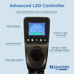 A close-up of the Journey Air Elite Max Ultra-Lightweight Portable Power Chair’s advanced LED controller with display, buttons, and joystick—features include USB charging, volume control, multi-gear settings, plus LED light, speed, and mileage indicators.