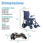 Journey Air Elite Max portable power chair dimensions showing unfolded size of 36 x 24 x 39 inches and folded size of 36 x 12.5 x 38.5 inches.