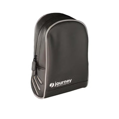 A black zippered pouch with a smooth surface, rounded edges, and gray accents complements the Journey Air Elite Max Ultra-Lightweight Portable Power Chair. Features the journey HEALTH & LIFESTYLE logo in white on the front.