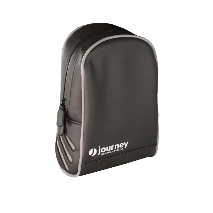A black zippered pouch with a smooth surface, rounded edges, and gray accents complements the Journey Air Elite Max Ultra-Lightweight Portable Power Chair. Features the journey HEALTH & LIFESTYLE logo in white on the front.