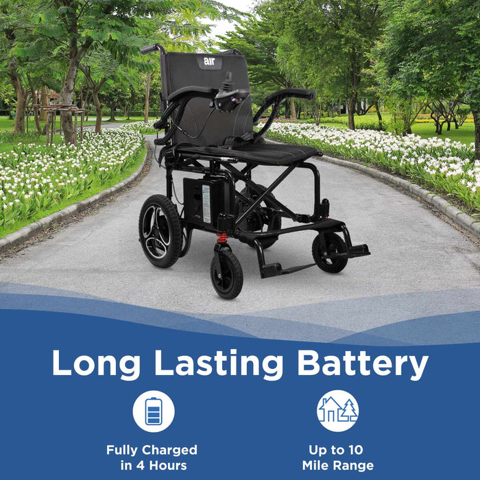 Journey Air power chair on a path with greenery and flowers, highlighting long-lasting battery feature.