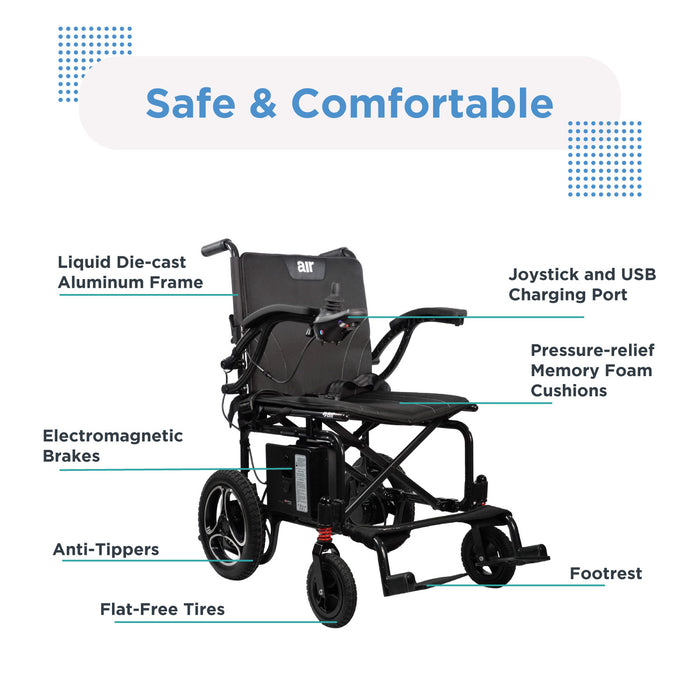 Journey Air wheelchair with features highlighted on a white background