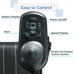Close-up of the Journey Air 2026 Portable Folding Electric Power Chair control panel, featuring labeled buttons for battery, horn, power, speed display, and a one-handed joystick. Text above says Easy to Control.