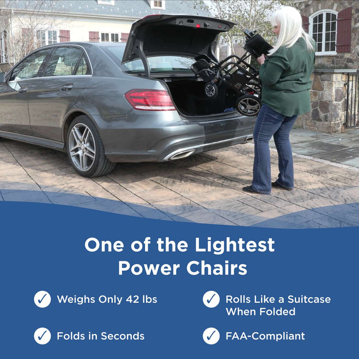 Person loading a Journey Air power chair into a car trunk with text about the chair's features.