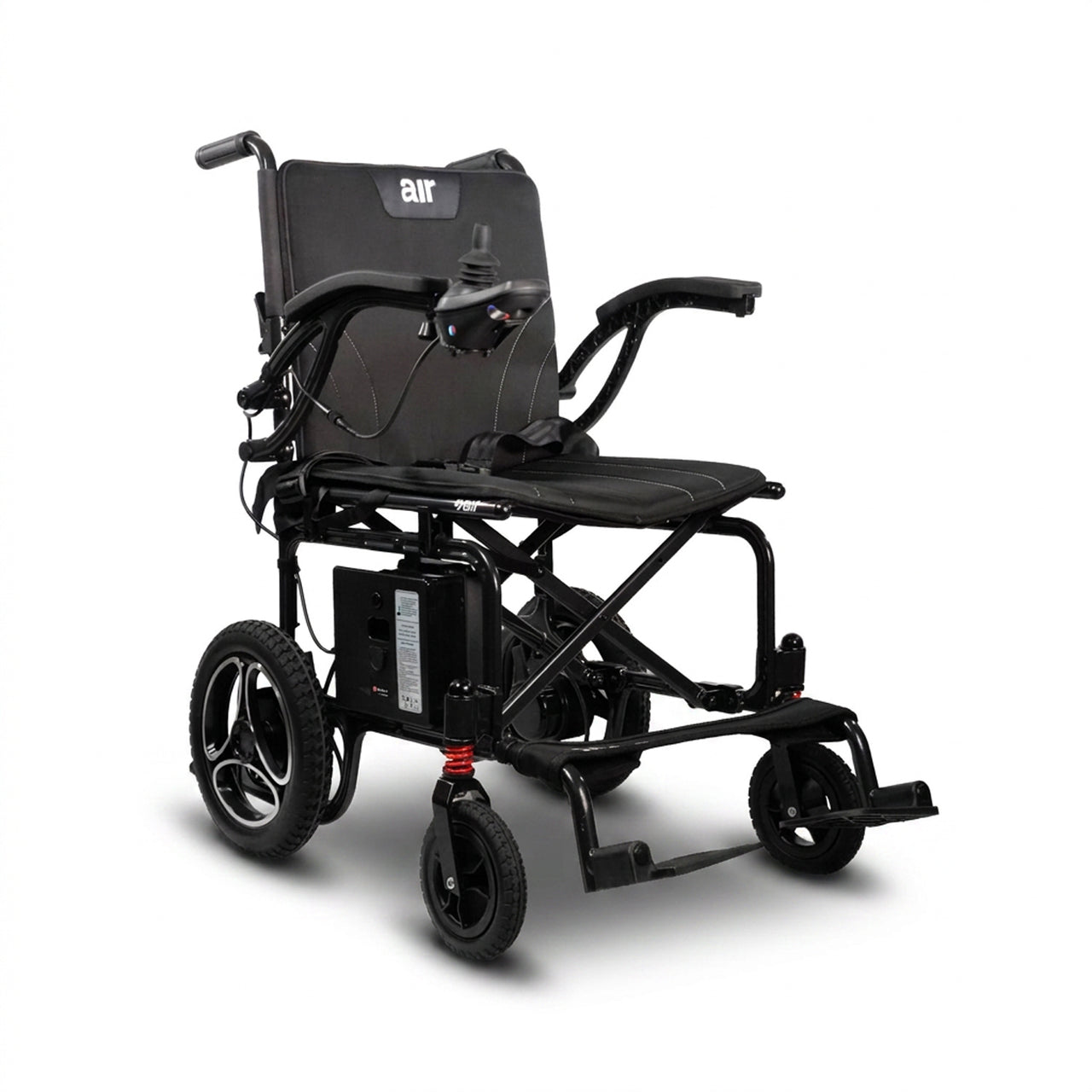 The Journey Air 2026 Portable Folding Electric Power Chair features right-arm joystick control, a padded seat and backrest, large rear wheels, small front wheels, and supports up to 300 lbs for enhanced mobility assistance.