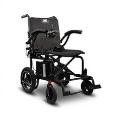 The Journey Air 2026 Portable Folding Electric Power Chair features right-arm joystick control, a padded seat and backrest, large rear wheels, small front wheels, and supports up to 300 lbs for enhanced mobility assistance.