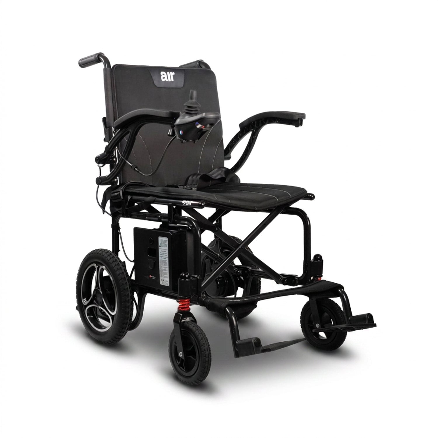 The Journey Air 2026 Portable Folding Electric Power Chair features right-arm joystick control, a padded seat and backrest, large rear wheels, small front wheels, and supports up to 300 lbs for enhanced mobility assistance.