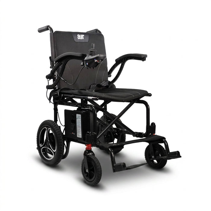 The Journey Air 2026 Portable Folding Electric Power Chair features right-arm joystick control, a padded seat and backrest, large rear wheels, small front wheels, and supports up to 300 lbs for enhanced mobility assistance.