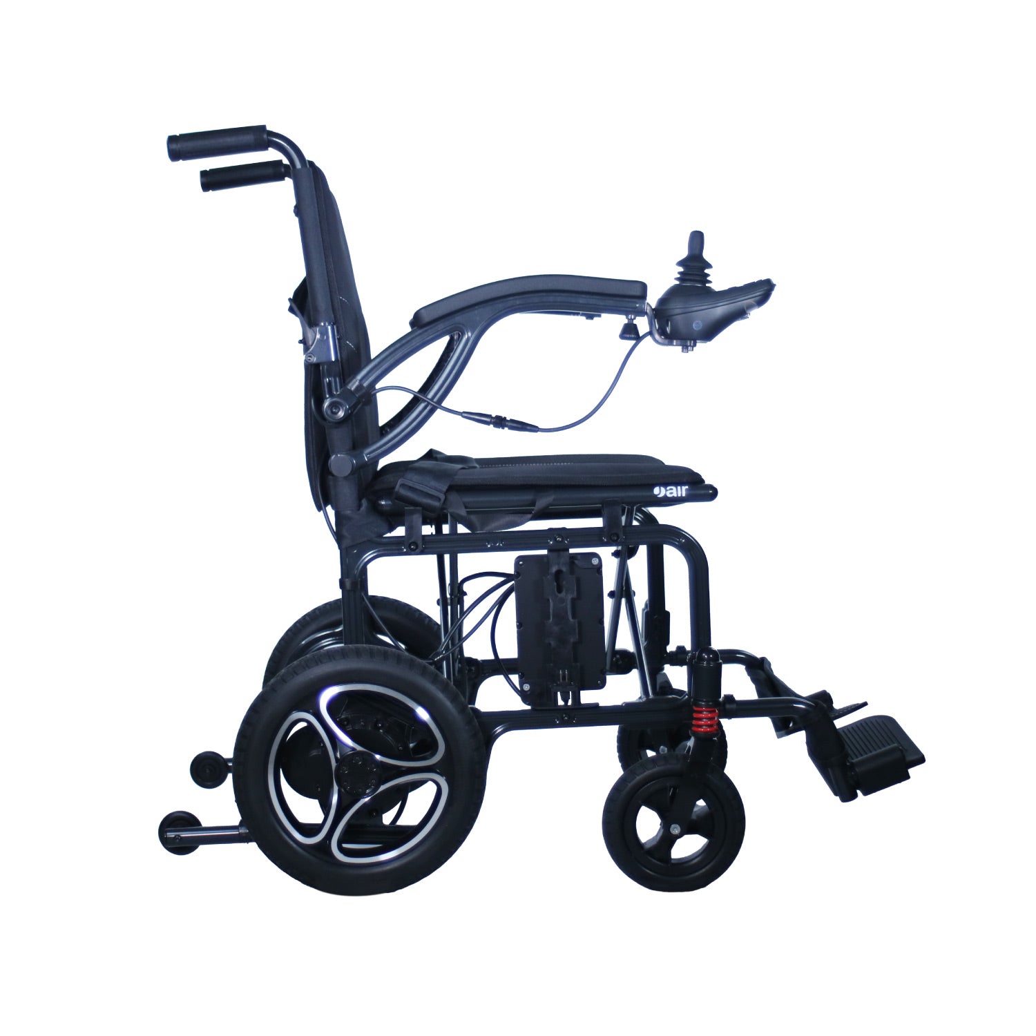 The Journey Air 2026 Portable Folding Electric Power Chair, shown from the side against a white background, features a black frame, joystick control on the right armrest, padded seat and backrest, footrest, and large rear wheels.