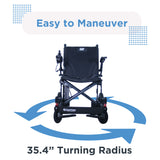 Black Journey Air power chair with blue arrows indicating maneuverability on a white background