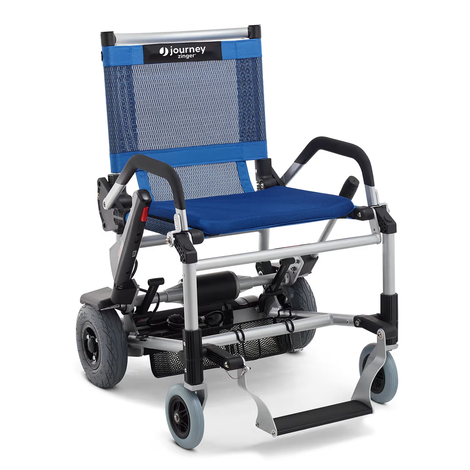 Journey Zinger folding power chair shown on a white background, highlighting its compact frame, ergonomic seat, and lightweight portable design for travel and everyday use.