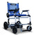 Journey Zoomer lightweight folding power chair in blue and silver shown from the front, featuring joystick controls, black armrests, mesh backrest, and large rear wheels designed for easy mobility and travel.