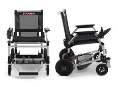 Journey Zoomer lightweight folding power chair shown in front and side views, highlighting the seat, footrest, frame structure, wheels, and armrest joystick for compact folding and portability.