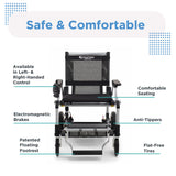 Front view of the Journey Zoomer lightweight folding power chair in black and silver, showing labeled safety and comfort features including joystick control options, electromagnetic brakes, floating footrest, anti-tippers, and flat-free tires with “Safe & Comfortable” text.
