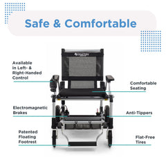 Front view of the Journey Zoomer lightweight folding power chair in black and silver, showing labeled safety and comfort features including joystick control options, electromagnetic brakes, floating footrest, anti-tippers, and flat-free tires with “Safe & Comfortable” text.