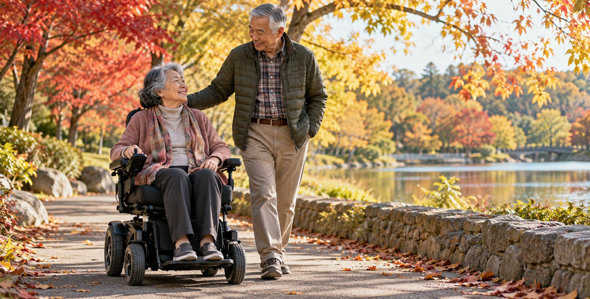 An elderly woman in a motorized wheelchair and an elderly man walking beside her along a paved path in an autumn park with colorful trees and a lake in the background.
