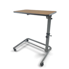 An adjustable Journey Overbed Table medical-style patient bed frame with a brown rectangular mattress support board on a gray metal wheeled base, shown on a white background.