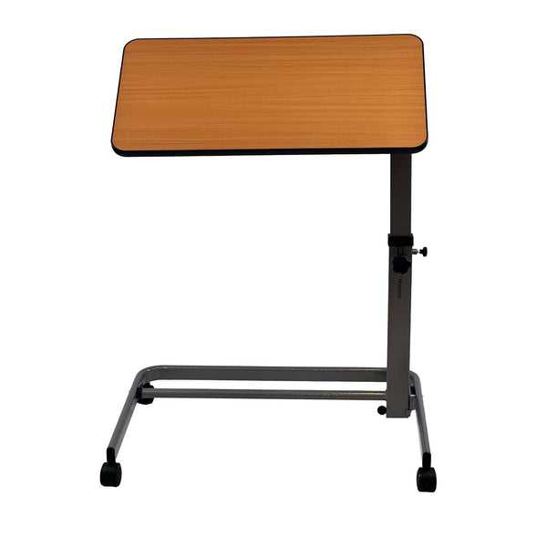 The Journey Foldable Overbed Table (100% off) features a light brown rectangular wooden top with rounded edges, a metal frame on wheels, adjustable tilt, and is perfect for organizing your BOGO Bundle deals in any space.