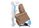 A man stands beside a Perfect Sleep Chair & Lift Chair tilted at 35 degrees, displaying ergonomic support with blue arrows and symbols along his back, hips, and knees to highlight therapeutic heat and massage features.